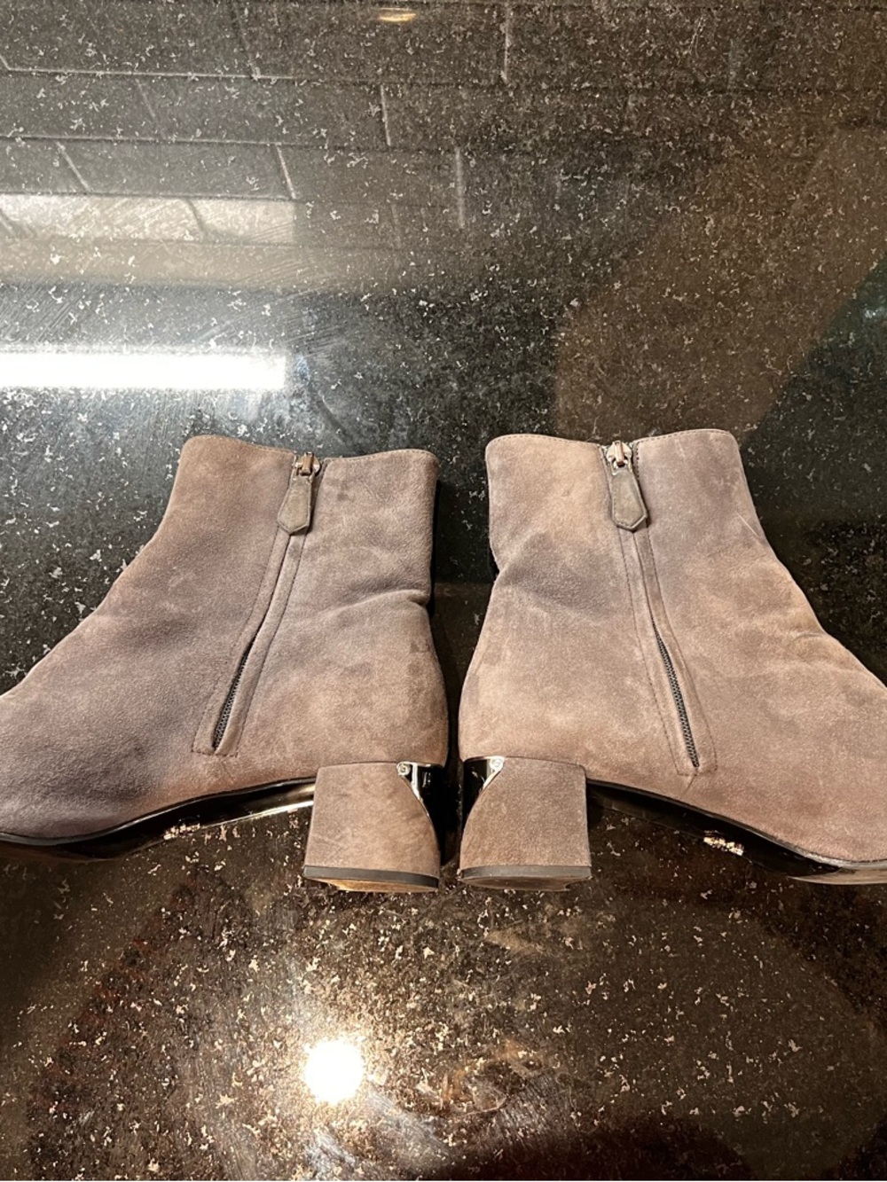 Prada Gray Suede Ankle Booties with Logo Heel Plates - Picture 5 of 9